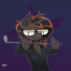 Size: 5120x5120 | Tagged: safe, artist:difis, derpibooru import, oc, oc:midnight storm, unofficial characters only, bat pony, pony, absurd resolution, clothes, female, glasses, golf club, hoodie, looking at you, mare, ponytail, smiling, smirk, solo