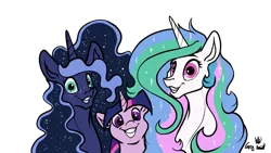 Size: 1280x720 | Tagged: dead source, safe, artist:greyscaleart, derpibooru import, princess celestia, princess luna, twilight sparkle, alicorn, pony, unicorn, adoracreepy, bust, constellation freckles, creepy, cute, cutelestia, female, freckles, greyscaleart is trying to murder us, grin, long mane, looking at you, lunabetes, mare, messy mane, missing accessory, royal sisters, signature, simple background, smiling, squee, thousand yard stare, transparent background, trio, twiabetes, unicorn twilight, wide eyes