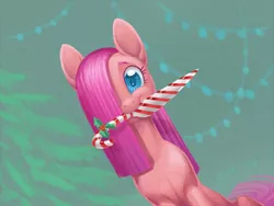 Size: 800x600 | Tagged: safe, artist:dany-the-hell-fox, derpibooru import, pinkie pie, earth pony, pony, candy, candy cane, colored pupils, female, food, hair over one eye, knife, looking at you, mare, mouth hold, pinkamena diane pie, smiling, solo, sugar cane, tabun art-battle