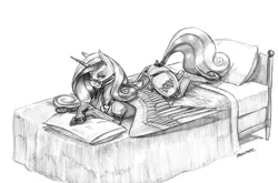 Size: 1400x922 | Tagged: suggestive, artist:baron engel, derpibooru import, princess cadance, alicorn, pony, bed, bridle, female, grayscale, mare, milf, monochrome, on bed, pencil drawing, saddle, simple background, sketch, smiling, solo, solo female, story in the source, tack, traditional art, white background