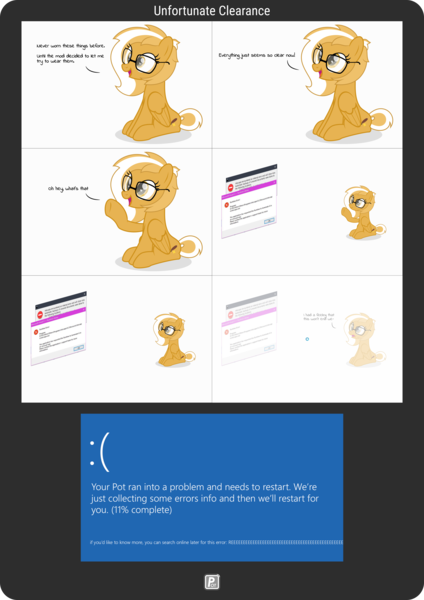 Size: 2917x4123 | Tagged: artist:potato22, comic, crash, derpibooru import, error message, glasses, microsoft, oc, oc:mareota, safe, solo, unofficial characters only, vector, windows, windows 10