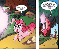 Size: 386x316 | Tagged: safe, artist:tonyfleecs, derpibooru import, idw, discord, fluttershy, pinkie pie, earth pony, pony, spoiler:comic, spoiler:comic57, comic, cropped, female, mare, official comic, portal, speech bubble