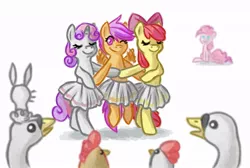 Size: 1024x690 | Tagged: safe, artist:dany-the-hell-fox, derpibooru import, apple bloom, pinkie pie, scootaloo, sweetie belle, bird, chicken, earth pony, goose, pegasus, pony, rabbit, swan, unicorn, animal, ballerina, ballerinas, ballet, bipedal, bow, clothes, cutie mark crusaders, dancing, eyes closed, female, filly, foal, hair bow, hooves, horn, mare, one eye closed, simple background, sitting, skirt, skirtaloo, smiling, spread wings, swan lake, tabun art-battle, tutu, tutus, white background, wings