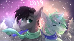 Size: 2672x1484 | Tagged: safe, artist:magicbalance, derpibooru import, oc, oc:elemental balance, oc:gray, unofficial characters only, pony, unicorn, 2019, bust, clothes, female, fireworks, looking at each other, male, mare, new year, one eye closed, portrait, scarf, snow, sparklers, stallion, wink, winter