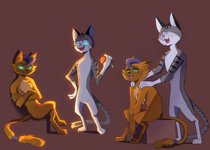 Size: 1280x914 | Tagged: abyssinian, anthro, artist:fedubeat, brown background, capper dapperpaws, cat, chummer, derpibooru import, digitigrade anthro, glowing eyes, missing accessory, my little pony: the movie, safe, shoulder rubbing, simple background, slit eyes