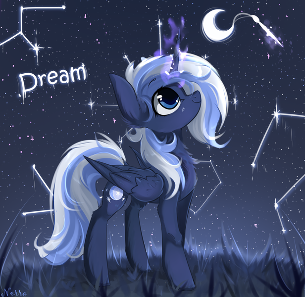 Size: 2024x1972 | Tagged: alicorn, alicorn oc, artist:magicbalance, constellation, crescent moon, cute, derpibooru import, dream, grass, horn, moon, not luna, oc, safe, solo, starry night, stars, wings