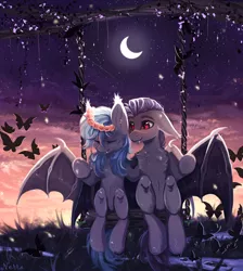 Size: 1788x2000 | Tagged: safe, artist:magicbalance, derpibooru import, oc, oc:moon bloom, unnamed oc, unofficial characters only, bat pony, butterfly, pony, commission, crescent moon, fangs, female, male, moon, night, romantic, starry night, stars, straight, swing, ych result