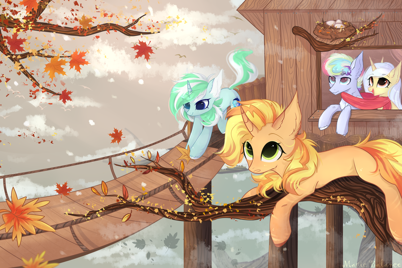Size: 3000x2000 | Tagged: safe, artist:magicbalance, derpibooru import, oc, oc:elemental balance, unnamed oc, unofficial characters only, pony, autumn, bird nest, bridge, clothes, egg, leaves, nest, scarf, shared clothing, shared scarf, snow, tree, tree branch