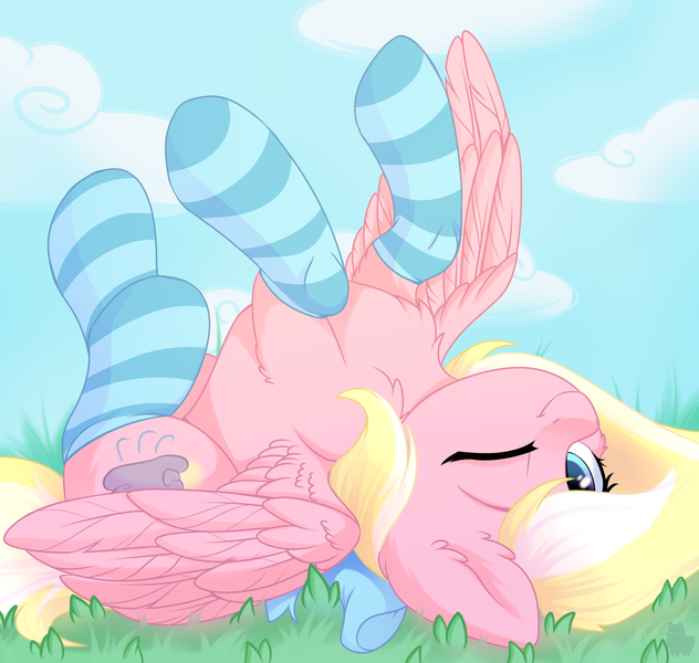 Size: 3237x3072 | Tagged: safe, artist:alphadesu, derpibooru import, oc, oc:bay breeze, unofficial characters only, pegasus, pony, bow, chest fluff, clothes, commission, cute, ear fluff, female, hair bow, looking at you, lying in grass, mare, on back, one eye closed, socks, solo, striped socks, upside down, wink, ych result