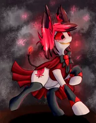 Size: 1184x1516 | Tagged: safe, artist:mistleinn, derpibooru import, oc, ponified, demon, pony, alastor, clothes, crossover, female, hazbin hotel, horns, solo, strawberry pimp