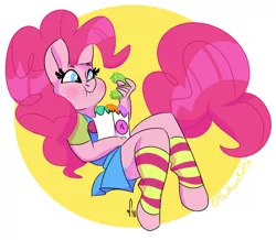 Size: 990x865 | Tagged: safe, artist:feathers-ruffled, derpibooru import, pinkie pie, anthro, earth pony, unguligrade anthro, abstract background, blushing, circle background, clothes, cute, diapinkes, donut, eating, female, food, leg warmers, mare, puffy cheeks, signature, solo