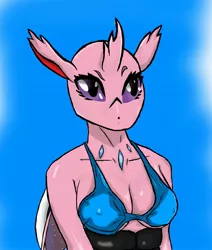 Size: 1740x2048 | Tagged: anthro, anthro oc, artist:kirbymlp, bikini, bikini top, breasts, changedling, changedling oc, changeling, changeling oc, clothes, derpibooru import, erect nipples, nipple outline, oc, oc:sunset gleam, suggestive, swimsuit, unofficial characters only