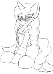 Size: 1510x2112 | Tagged: safe, artist:zemer, derpibooru import, oc, oc:precision cuts, pony, unicorn, fallout equestria, clothes, glasses, lab coat, monochrome, sitting, vault suit