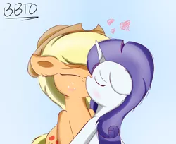 Size: 2700x2200 | Tagged: safe, artist:bronybehindthedoor, derpibooru import, applejack, rarity, cute, female, jackabetes, kissing, lesbian, love, raribetes, rarijack, shipping