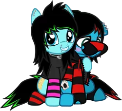 Size: 1386x1265 | Tagged: safe, artist:lightningbolt, derpibooru import, oc, oc:emo lad, oc:scene chick, unofficial characters only, earth pony, pony, 2019 community collab, derpibooru community collaboration, .svg available, ankle bracelet, arm warmers, blushing, brother and sister, clandestine industries, clothes, covering face, duo, dyed mane, dyed tail, ear piercing, earring, emo, eyeliner, female, fingerless gloves, floppy ears, gloves, grin, hair over one eye, hood, hoodie, hug, jewelry, lidded eyes, looking at you, looking away, makeup, male, mare, necklace, nose piercing, piercing, scene, shirt, shy, siblings, simple background, sitting, smiling, snake bites, socks, stallion, striped socks, stripes, svg, t-shirt, transparent background, vector