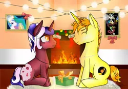 Size: 1292x904 | Tagged: safe, artist:glitteringdew, derpibooru import, discord, princess celestia, oc, oc:ambertone, oc:glitteringdew, pony, christmas, female, fireplace, holiday, love, male, mare, painttoolsai, present, stallion