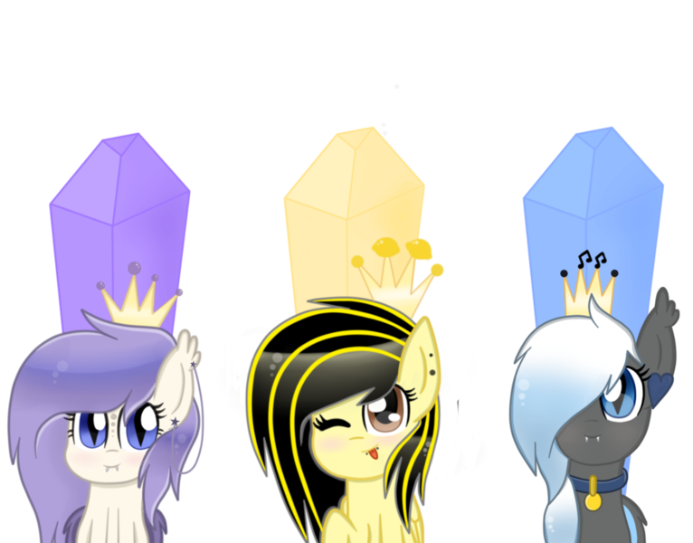 Size: 1290x1010 | Tagged: safe, artist:starviolet, derpibooru import, oc, oc:lynx, oc:moonlight melody, oc:star violet, unofficial characters only, bat pony, pegasus, pony, collar, crown, food, grapes, jewelry, lemon, music, one eye closed, queens, regalia, simple background, throne, transparent background, wink