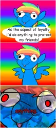 Size: 875x2000 | Tagged: safe, artist:draikinator, derpibooru import, derpy hooves, rainbow dash, pegasus, pony, my little pony: the movie, :p, close-up, comic, derp, derpy's sacrifice, dialogue, element of loyalty, evil, eye clipping through hair, mood whiplash, pure evil, pure unfiltered evil, rainbow background, red eyes take warning, silly, speech bubble, stylistic suck, tongue out