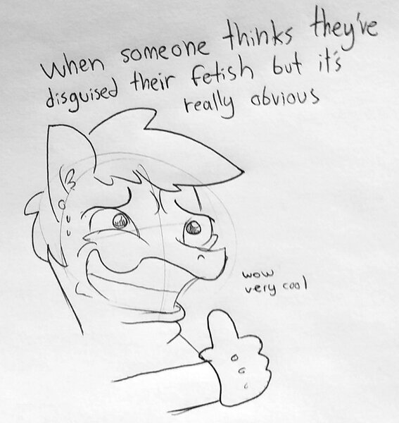 Size: 1226x1298 | Tagged: safe, artist:tjpones, derpibooru import, oc, oc:tjpones, unofficial characters only, black and white, bust, dialogue, ear piercing, faic, fake smile, foam finger, grayscale, hide the pain harold, lineart, male, monochrome, piercing, solo, stallion, sweat, thumbs up, traditional art