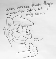 Size: 1226x1298 | Tagged: safe, artist:tjpones, derpibooru import, oc, oc:tjpones, unofficial characters only, black and white, bust, dialogue, ear piercing, faic, fake smile, foam finger, grayscale, hide the pain harold, lineart, male, monochrome, piercing, solo, stallion, sweat, thumbs up, traditional art