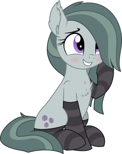 Size: 4534x5694 | Tagged: safe, artist:aureai-sketches, artist:cyanlightning, derpibooru import, marble pie, earth pony, pony, .svg available, absurd resolution, blushing, chest fluff, clothes, cute, ear fluff, female, grin, marblebetes, mare, simple background, sitting, smiling, socks, solo, squishy cheeks, stockings, striped socks, thigh highs, transparent background, vector