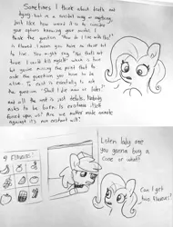 Size: 1692x2224 | Tagged: safe, artist:tjpones, derpibooru import, fluttershy, earth pony, pegasus, pony, black and white, bust, comic, dialogue, duo, ear fluff, existential crisis, female, food, grayscale, ice cream, ice cream shop, lineart, mare, misspelling, monochrome, mood whiplash, philosophy, simple background, traditional art