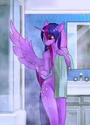 Size: 2551x3527 | Tagged: after shower, alicorn, anthro, artist:rublegun, bathroom, breasts, covering, derpibooru import, female, mare, naked towel, nudity, smiling, solo, solo female, suggestive, towel, twilight sparkle, twilight sparkle (alicorn), wings