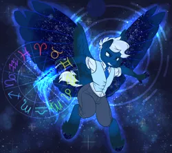 Size: 2160x1920 | Tagged: anthro, artist:visionarybuffoon, astrology, clothes, derpibooru import, feather, featherbutt, galaxy, homestuck reference, magic, magic wand, night, night sky, oc, oc:skymeadow, pants, pegasus, ponysona, safe, shirt, sky, solo, starry night, starry wings, stars, unofficial characters only, wand, wings, zodiac