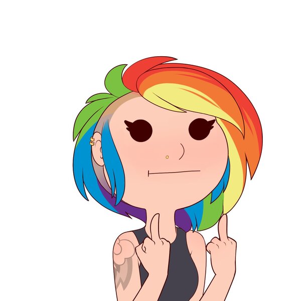 Size: 1413x1413 | Tagged: artist:evehly, clothes, derpibooru import, double deuce, ear piercing, earring, female, fuck you, human, human coloration, humanized, jewelry, middle finger, piercing, rainbow dash, safe, simple background, :t, tattoo, vulgar, white background