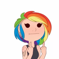 Size: 1413x1413 | Tagged: artist:evehly, clothes, derpibooru import, double deuce, ear piercing, earring, female, fuck you, human, human coloration, humanized, jewelry, middle finger, piercing, rainbow dash, safe, simple background, :t, tattoo, vulgar, white background