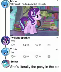 Size: 497x584 | Tagged: safe, derpibooru import, princess ember, starlight glimmer, trixie, twilight sparkle, twilight sparkle (alicorn), alicorn, dragon, pony, unicorn, the crystalling, triple threat, book, bookshelf, comments, cute, dragoness, face blindness, faves, female, funny, glimmerbetes, grin, i'm literally the guy in the pic, lidded eyes, mare, meme, meta, ponified meme, pony racism, prosopagnosia, reply, retweet, smiling, smirk, squee, text, twiabetes, twitter