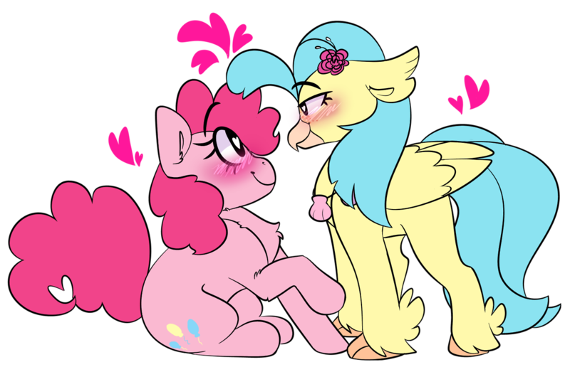 Size: 1280x825 | Tagged: safe, artist:korgikardigan, artist:noneedforstars, derpibooru import, pinkie pie, princess skystar, classical hippogriff, earth pony, hippogriff, pony, my little pony: the movie, bedroom eyes, blush highlights, blush lines, blushing, chest fluff, chunky eyelashes, clam, colored, female, flat colors, floating heart, floppy ears, flower, flower in hair, heart, heart eyes, heart tail, jewelry, lesbian, looking at each other, mare, necklace, raised hoof, shipping, simple background, sitting, skypie, smiling, transparent background, wingding eyes