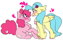Size: 1280x825 | Tagged: safe, artist:korgikardigan, artist:noneedforstars, derpibooru import, pinkie pie, princess skystar, classical hippogriff, earth pony, hippogriff, pony, my little pony: the movie, bedroom eyes, blush highlights, blush lines, blushing, chest fluff, chunky eyelashes, clam, colored, female, flat colors, floating heart, floppy ears, flower, flower in hair, heart, heart eyes, heart tail, jewelry, lesbian, looking at each other, mare, necklace, raised hoof, shipping, simple background, sitting, skypie, smiling, transparent background, wingding eyes