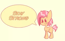 Size: 963x600 | Tagged: safe, artist:typhwosion, derpibooru import, babs seed, earth pony, pony, adorababs, beady eyes, blank flank, cute, dialogue, positive message, positive ponies, simple background, solo, speech bubble, yellow background
