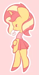 Size: 723x1366 | Tagged: safe, artist:typhwosion, derpibooru import, sunset shimmer, semi-anthro, unicorn, beady eyes, blushing, clothes, cute, female, pink background, pleated skirt, profile, question mark, shimmerbetes, shoes, simple background, skirt, solo, speech bubble