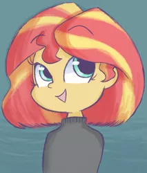 Size: 1280x1499 | Tagged: safe, artist:typhwosion, derpibooru import, sunset shimmer, human, equestria girls, alternate hairstyle, bust, clothes, cute, female, haircut, open mouth, shimmerbetes, solo, sweater, turtleneck