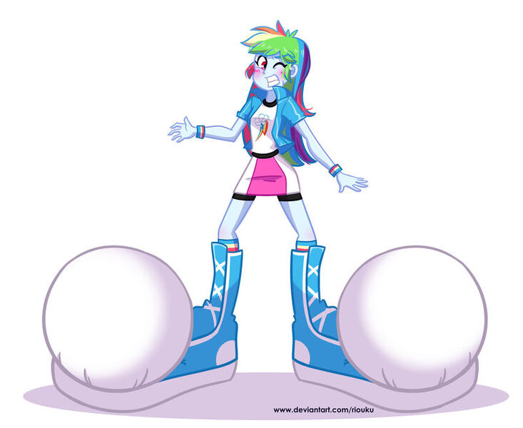 Size: 800x655 | Tagged: safe, artist:riouku, derpibooru import, part of a set, rainbow dash, equestria girls, blushing, clothes, commission, compression shorts, feet, fetish, foot fetish, foot growth, gritted teeth, growth, impossibly large feet, one eye closed, part of a series, simple background, skirt, solo, white background