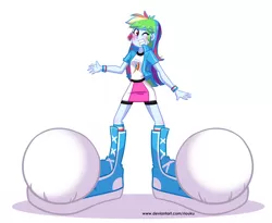 Size: 800x655 | Tagged: safe, artist:riouku, derpibooru import, part of a set, rainbow dash, equestria girls, blushing, clothes, commission, compression shorts, feet, fetish, foot fetish, foot growth, gritted teeth, growth, impossibly large feet, one eye closed, part of a series, simple background, skirt, solo, white background
