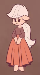 Size: 921x1700 | Tagged: alternate hairstyle, applejack, artist:typhwosion, beady eyes, bipedal, brown background, clothes, cute, derpibooru import, dress, female, floppy ears, jackabetes, off shoulder, ponytail, safe, semi-anthro, simple background, solo