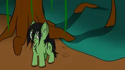 Size: 3840x2160 | Tagged: safe, artist:shpoople, derpibooru import, oc, oc:anonfilly, dirty, female, filly, messy mane, mud, muddy, roots, swamp, swamp monster, tree, water