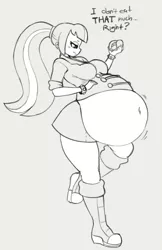 Size: 1083x1669 | Tagged: suggestive, artist:angstrom, derpibooru import, sonata dusk, equestria girls, bbw, belly, big belly, boots, breasts, clothes, denial, dialogue, fat, female, food, huge belly, monochrome, ponytail, shoes, simple background, skirt, solo, solo female, sonataco, sonatubby, stuffed, taco