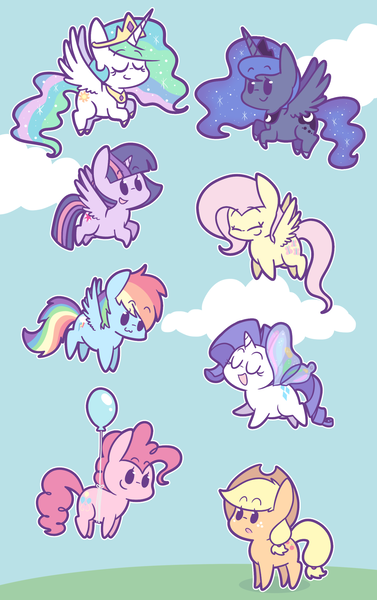 Size: 1206x1920 | Tagged: safe, artist:typhwosion, derpibooru import, applejack, fluttershy, pinkie pie, princess celestia, princess luna, rainbow dash, rarity, twilight sparkle, twilight sparkle (alicorn), alicorn, earth pony, pegasus, pony, unicorn, :3, balloon, butterfly wings, chibi, cloud, cowboy hat, crown, cute, cutelestia, dashabetes, diapinkes, eyes closed, female, floating, flying, hat, jackabetes, jewelry, lunabetes, mare, open mouth, peytral, raribetes, regalia, shyabetes, sky, then watch her balloons lift her up to the sky, twiabetes, wings