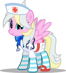 Size: 2713x3000 | Tagged: safe, artist:applec1234, deleted from derpibooru, derpibooru import, oc, oc:skylight ribbons, unofficial characters only, pegasus, pony, clothes, cosplay, costume, female, happy, hat, looking at you, nurse, nurse outfit, ribbon, show accurate, simple background, socks, solo, striped socks, transparent background, uniform, vector