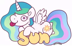 Size: 900x582 | Tagged: safe, artist:darkodraco, derpibooru import, princess celestia, alicorn, pony, derp, female, mare, simple background, smiling, solo, spread wings, tongue out, white background, wings