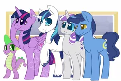 Size: 1000x666 | Tagged: safe, alternate version, artist:darkodraco, derpibooru import, night light, shining armor, spike, twilight sparkle, twilight sparkle (alicorn), twilight velvet, alicorn, dragon, pony, unicorn, family, female, looking at you, male, mare, smiling, sparkle family, stallion, unshorn fetlocks, watermark