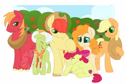 Size: 1000x666 | Tagged: safe, alternate version, artist:darkodraco, derpibooru import, apple bloom, applejack, big macintosh, bright mac, granny smith, pear butter, earth pony, pony, apple, apple bloom's cutie mark, apple family, apple siblings, apple sisters, apple tree, bow, brother and sister, cowboy hat, exploitable meme, eye clipping through hair, eyes closed, family, father and child, father and daughter, father and son, female, filly, freckles, grandmother and grandchild, grandmother and granddaughter, grandmother and grandson, hair bow, hat, husband and wife, male, mare, meme, mother and child, mother and daughter, mother and daughter-in-law, mother and son, obtrusive watermark, open mouth, siblings, sisters, smiling, stallion, the whole apple family, tree, unshorn fetlocks, wall of tags, watermark
