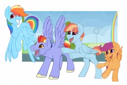 Size: 1000x666 | Tagged: safe, alternate version, artist:darkodraco, derpibooru import, bow hothoof, rainbow dash, scootaloo, windy whistles, pegasus, pony, bipedal, excited, family, female, filly, male, mare, obtrusive watermark, open mouth, smiling, spread wings, stallion, unshorn fetlocks, watermark, wings