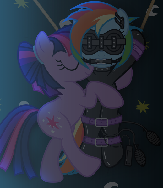 Size: 830x960 | Tagged: questionable, artist:nightmaremoons, derpibooru import, rainbow dash, twilight sparkle, alternate hairstyle, bed, bit gag, blindfold, bodysuit, bondage, buckle, collar, cuffs, dashsub, drool, drool string, ear plugs, female, femsub, gag, inflatable plug, latex, latex suit, lesbian, sex toy, shipping, show accurate, show accurate porn, sleeping, straps, submissive, twidash, twidom, vibrator