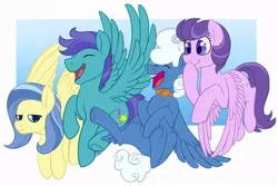 Size: 1000x666 | Tagged: safe, alternate version, artist:darkodraco, derpibooru import, clear skies, fluffy clouds, open skies, sunshower, pegasus, pony, bowtie, eyes closed, female, laughing, male, mare, open mouth, smiling, spread wings, stallion, unamused, wings