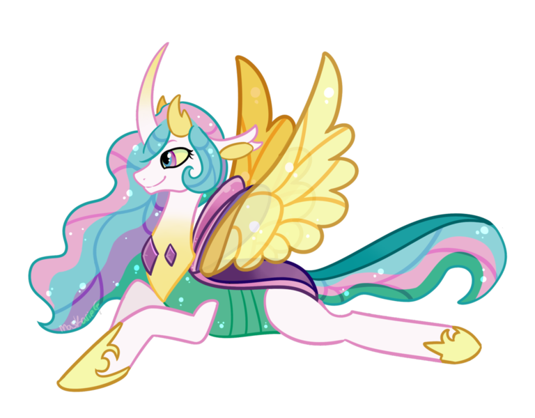 Size: 1280x1000 | Tagged: alicorn, artist:maskarie, changedling, changedlingified, changeling, changelingified, curved horn, cute, cutelestia, derpibooru import, floppy ears, hoof shoes, horn, lidded eyes, princess celestia, prone, safe, simple background, smiling, solo, species swap, spread wings, to where and back again, transparent background, wings